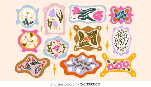 Decorative floral vector set with abstract frames and hand-drawn spring flowers: tulips, daisies, bellflowers, and leaves. Bright whimsical elements for design, packaging, textiles, and greeting cards