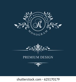 Decorative Floral Vintage Monogram. Set of Calligraphic Logo Templates. Letter emblem sign R. Design Page. Graphic Luxury frame, border. stickers, signage, labels, cards. Vector illustration