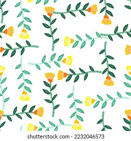 Decorative floral wallpaper. Folk flower seamless pattern in naive art style. Cute plants endless backdrop. Design for fabric, textile print, wrapping paper, cover. Vector illustration