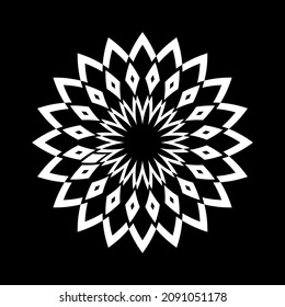 Decorative floral white circle pattern on black background. Vector art.