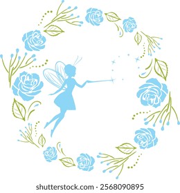 Decorative floral wreath with blue roses and fairy. Vector