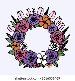 A decorative floral wreath featuring a variety of colorful flowers and green leaves encircling on a light backdrop. Ideal for invitations, greeting cards, or seasonal decorations