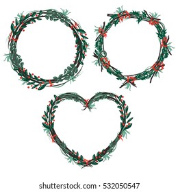 Decorative floral wreath set. Green branches braided with a red berries making cute composition for your design. 