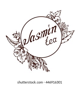 Decorative floral wreath. Vector hand drawn healthy collection tea, vintage food illustration. Lettering jasmin tea.