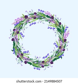 Decorative floral wreath of wild flowers, purple, burgundy, black and white. Lilies of the valley and black tulips, bluebells.