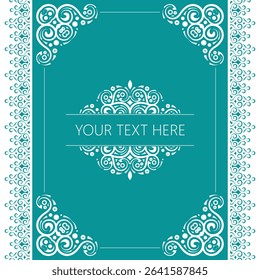 Decorative Flourish Frame Border with Swirl Ornament Element and Teal Background