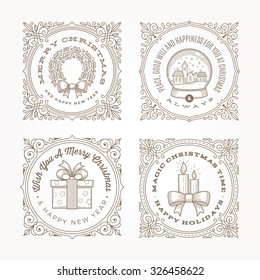 Decorative flourishes line art frame with christmas greetings and symbols - vector illustration