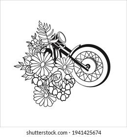 Decorative flower art vector with motorcycle black and white illustration floral modern simple design