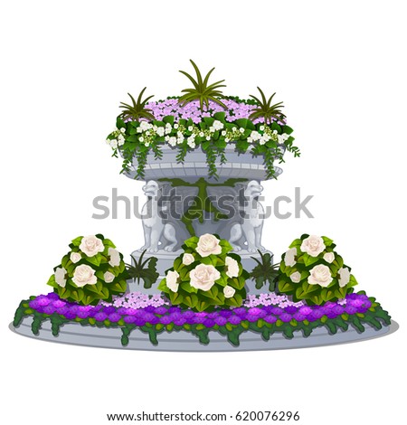 Decorative flower bed in antique style isolated on white background. Vintage architecture. Vector cartoon close-up illustration.