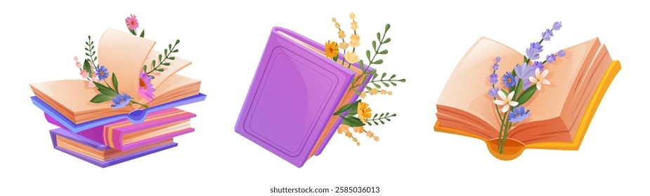 Decorative flower book illustrations with open pages, gentle blooms, stacked paper literature, colorful covers, green grass and leaves. Romantic cartoon design elements for reading hobby design.