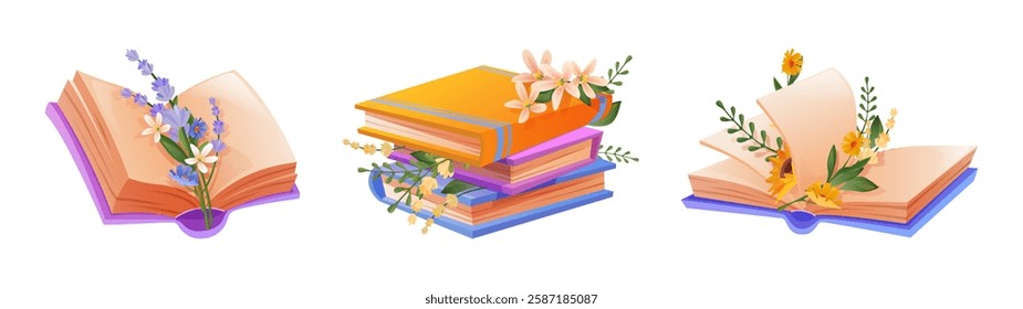 Decorative flower book illustrations with open pages, gentle blooms, stacked paper literature, colorful covers, green grass and leaves. Romantic cartoon design elements for reading hobby design.