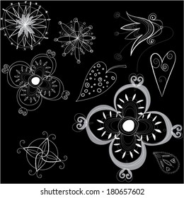 Decorative and flower i calligraphic pattern on black background. Vector illustration