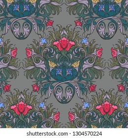 Decorative flower composition with stylized red poppies and bluebells. Medieval gothic style seamless pattern. EPS10 vector illustration