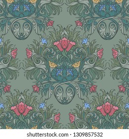 Decorative flower composition with stylized red poppies and bluebells. Medieval gothic style seamless pattern. EPS10 vector illustration
