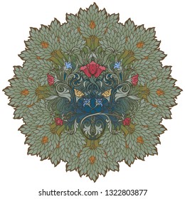Decorative flower composition with stylized red poppies and bluebells. Medieval gothic style. EPS10 vector illustration