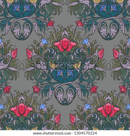 Decorative flower composition with stylized red poppies and bluebells. Medieval gothic style seamless pattern. EPS10 vector illustration