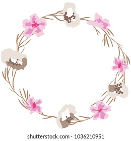 Decorative flower composition. Flower wreath vector illustration. Spring or summer elegant flower wreath. Sakura and cotton wreath.