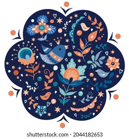 Decorative flower with dark blue background and bright fairy elements, birds, fantasy flowers, stars and heart, decorative emblem, background