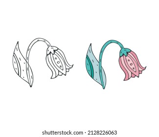 Decorative Flower doodle icon set. Vector, united lines. Hand drawn ink brush strokes illustration. Outline and colored clipart. Cute isolated elements.  White background
