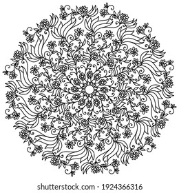 Dekorative Blumendoodle mandala aus kleinen blühenden Blüten und Blättern mit Curry, Zen-Färbeseite aus Pflanzenmotiven Vektorgrafik