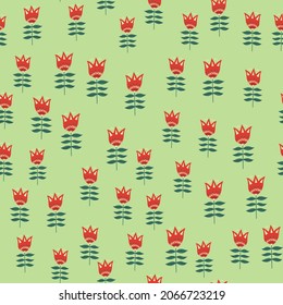 Decorative flower folk art seamless pattern on green background. Floral nature wallpaper. Folklore style. For fabric design, textile print, wrapping, cover. Simple vector illustration.