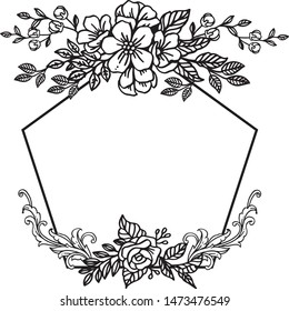 Decorative of flower frame, in black and white colors, template for card design. Vector
