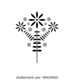Decorative flower icon. Black vector flower isolated on white. Thistle flower logo, flowering branch, fictional flower silhouette, inflorescence, flower leaf branch, abstract blossom tree.