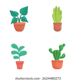 Decorative flower icons set cartoon vector. House plant and flower in pot. Indoor plant, interior detail