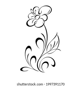 decorative flower with large petals on a curved stem with one leaf and curls in black lines on a white background