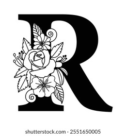 Decorative Flower Letter R Monogram, Black and White Alphabet Logo Vector, Typography Family Sign