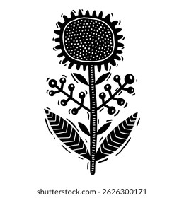 Imagem decorativa do vetor do estilo linocut da flor isolada no fundo branco