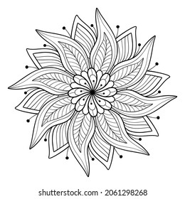 Decorative flower mandala with striped patterns on a white isolated background. For coloring book pages.