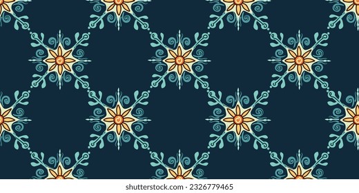 decorative flower pattern blue and yellow, porcelain background, beautiful ceramic tile design, damask style ceiling background, vector illustration