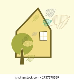 Decorative flower pattern with house, tree and foliage.