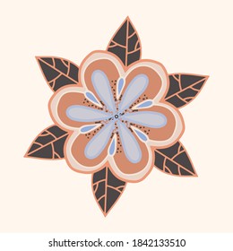 Decorative flower with pink leaves flowers and black leaves on the background. Botanical illustration with a flowering plant. Vector illustration for logo, brand design, print on textiles or tableware