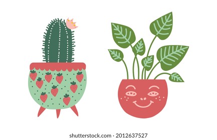 Decorative Flower and Plant Growing in Ceramic Pot as Home Decor Vector Set