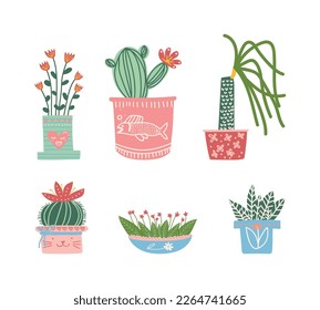 Decorative Flower and Plant Growing in Ceramic Pot as Home Decor Vector Set
