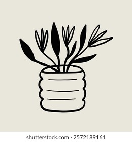 Decorative Flower Pot Ceramic. Flowerpot Sketch Black Line Symbol. Stylized Whimsical Vector Element Decor