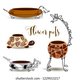 Decorative flower pots. Giraffe turtle cat and dog. Clay pots with forging. Vector.