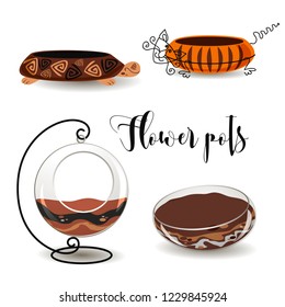 Decorative flower pots. Turtle, cat . Clay pot.  Glass aquariums for flowers. Vector.