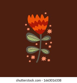 Decorative flower in scandinavian style. Vector illustration on a brown background. Design element for pattern, greeting card.