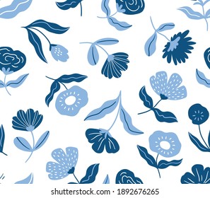 Decorative flower seamless pattern. Beautiful floral repeat background. Natural fabric or wallpaper design. Vector illustration in blue colours.