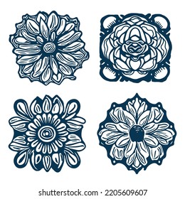 Decorative flower single icon set. Vintage vector botanical floral clipart group for eco beauty. Illustration of summer wildlife ornate bloom. 