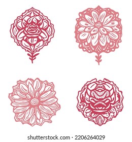 Decorative flower single icon set. Vintage vector botanical floral clipart group for eco beauty. Illustration of summer wildlife ornate bloom. 