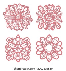 Decorative flower single icon set. Vintage vector botanical floral clipart group for eco beauty. Illustration of summer wildlife ornate bloom. 
