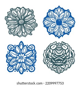 Einzel-Icon-Set für dekorative Blumen. Vintage Vektorgrafik botanische Blumenklammer Kunstgruppe für Öko-Schönheit. Illustration der Sommerflora und -flora. 