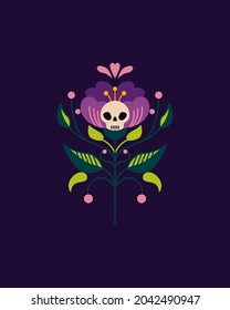 Decorative flower with a skull.  Vector hand-drawn drawing.  Flower for Halloween, Day of the Dead.  Traditional Mexican pattern.  Design for t-shirts, posters.  Flat vector illustration.