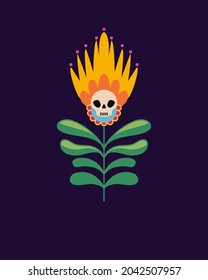 Decorative flower with a skull.  Vector hand-drawn drawing.  Flower for Halloween, Day of the Dead.  Traditional Mexican pattern.  Design for t-shirts, posters.  Flat vector illustration.