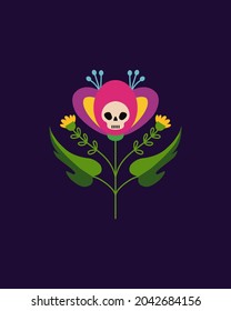 Flor decorativa con cráneo.  Dibujo hecho a mano por vectores.  Flor para Halloween, Día de los Muertos.  Patrón mexicano tradicional.  Diseño para camisetas, afiches.  Ilustración vectorial plana.