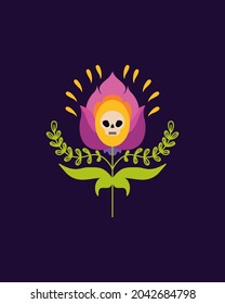 Decorative flower with a skull.  Vector hand-drawn drawing.  Flower for Halloween, Day of the Dead.  Traditional Mexican pattern.  Design for t-shirts, posters.  Flat vector illustration.